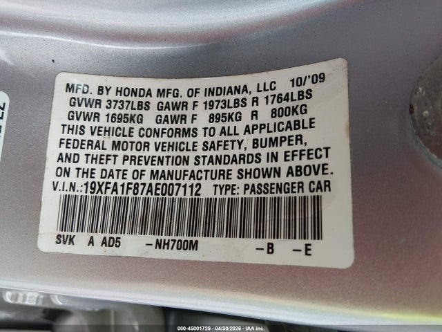 2010 Honda Civic Ex მანქანა იყიდება აუქციონზე, vin: 19XFA1F87AE007112, აუქციონის ნომერი: 45001729