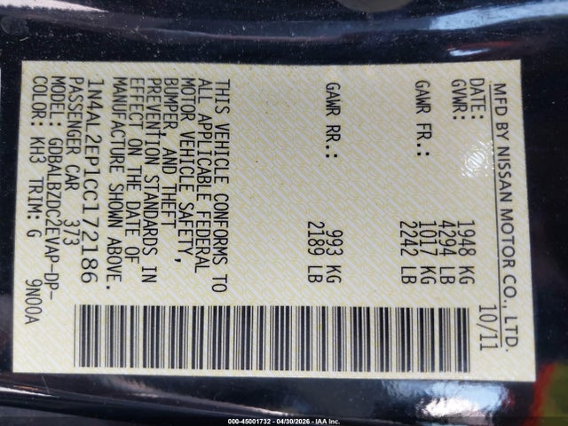 Aukcja sprzedaży 2012 Nissan Altima 2.5 S, vin: 1N4AL2EP1CC172186, numer aukcji: 45001732