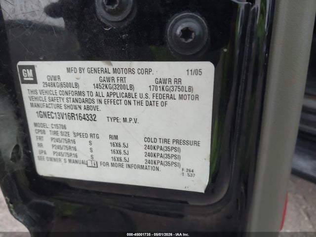 Продажа на аукционе авто 2006 Chevrolet Tahoe Ls, vin: 1GNEC13V16R164332, номер лота: 45001735