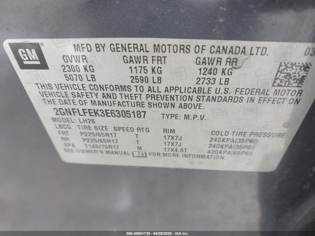 Aukcja sprzedaży 2014 Chevrolet Equinox 1lt, vin: 2GNFLFEK3E6305187, numer aukcji: 45001738