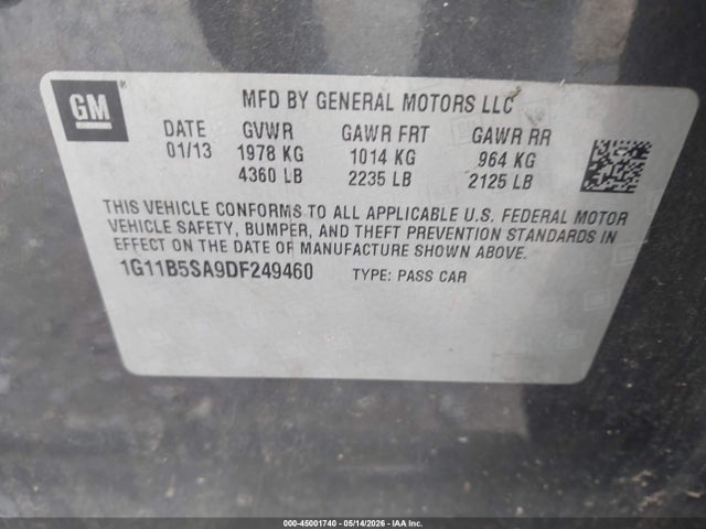 Продажа на аукционе авто 2013 Chevrolet Malibu 1ls, vin: 1G11B5SA9DF249460, номер лота: 45001740
