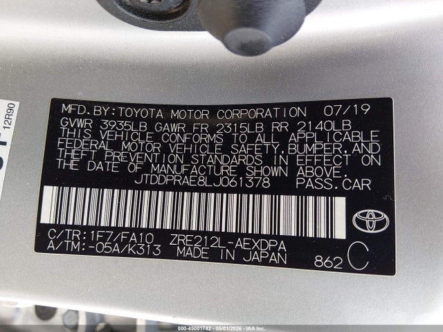 Aukcja sprzedaży 2020 Toyota Corolla L, vin: JTDDPRAE8LJ061378, numer aukcji: 45001742