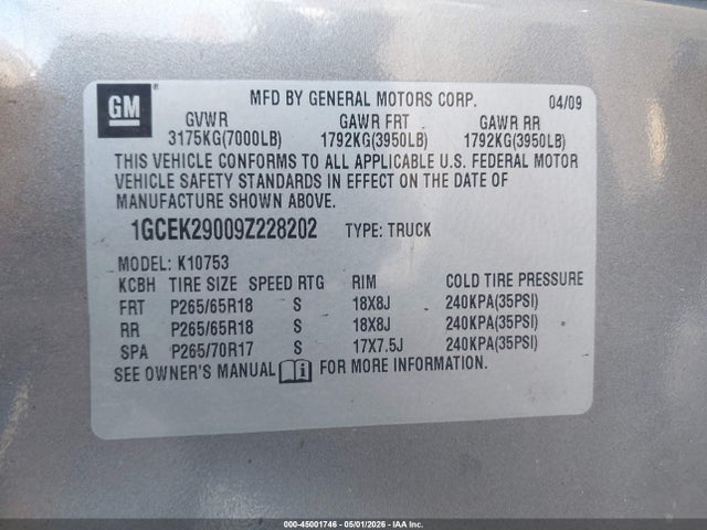 2009 Chevrolet Silverado 1500 Lt მანქანა იყიდება აუქციონზე, vin: 1GCEK29009Z228202, აუქციონის ნომერი: 45001746