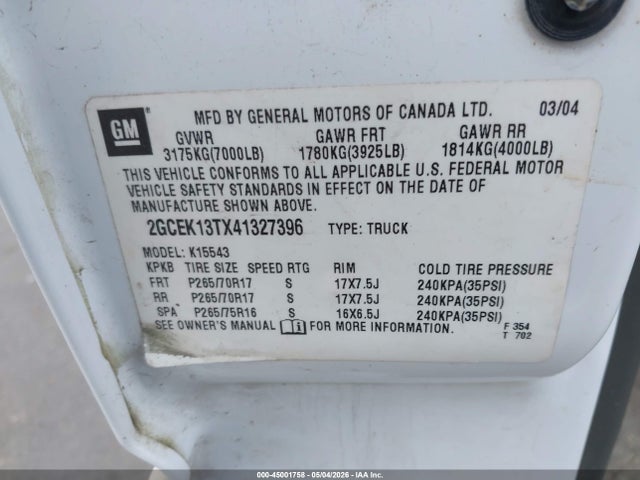 45001758 :رقم المزاد ، 2GCEK13TX41327396 vin ، 2004 Chevrolet Silverado 1500 Z71 مزاد بيع