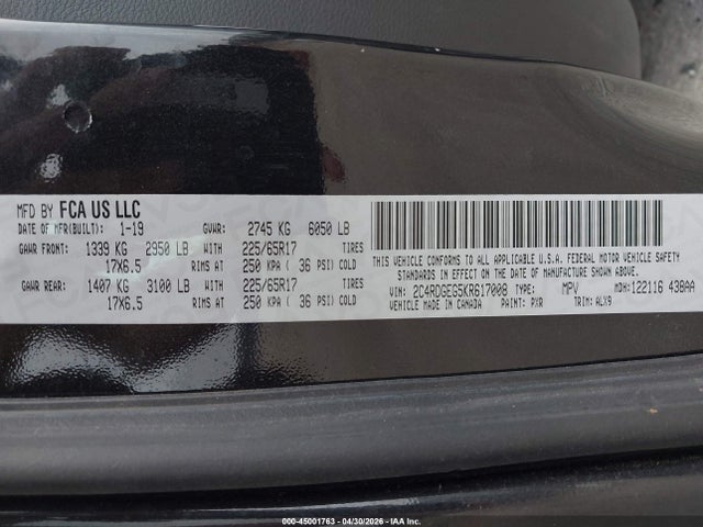 Продажа на аукционе авто 2019 Dodge Grand Caravan Gt, vin: 2C4RDGEG5KR617008, номер лота: 45001763