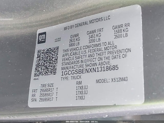 Aukcja sprzedaży 2022 Chevrolet Colorado 2wd  Short Box Wt, vin: 1GCGSBENXN1318685, numer aukcji: 45001764