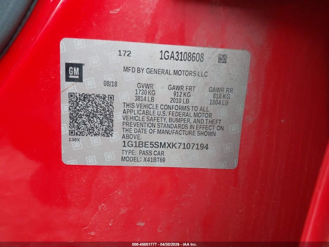 45001777 :رقم المزاد ، 1G1BE5SMXK7107194 vin ، 2019 Chevrolet Cruze Lt مزاد بيع