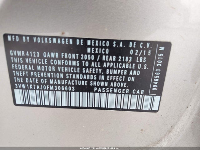 45001781 :رقم المزاد ، 3VW1K7AJ0FM306603 vin ، 2015 Volkswagen Jetta 2.0l S مزاد بيع