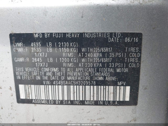 4S4BSAAC5H3209578 Subaru Outback 2.5i