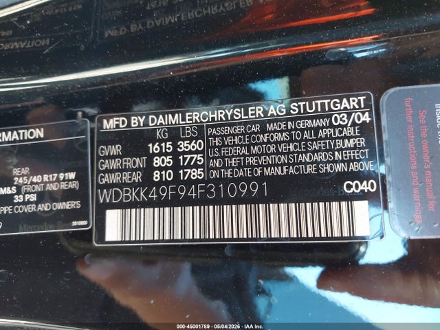 Продаж на аукціоні авто 2004 Mercedes-benz Slk 230 Kompressor, vin: WDBKK49F94F310991, номер лоту: 45001789