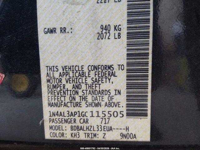 Aukcja sprzedaży 2016 Nissan Altima 2.5 Sr, vin: 1N4AL3AP1GC115505, numer aukcji: 45001792