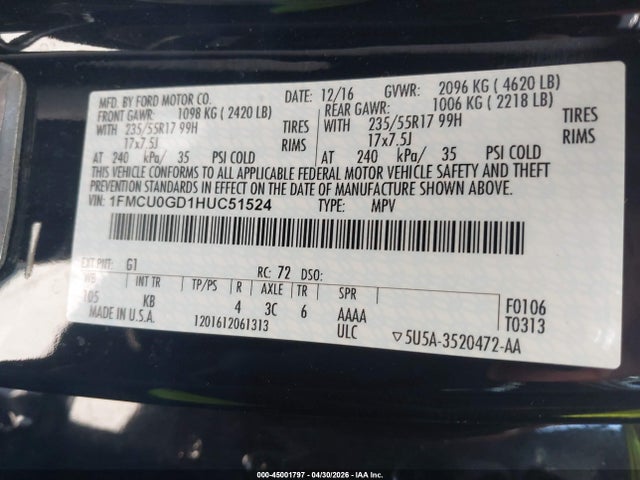 Ford ESCAPE SE 2017 1FMCU0GD1HUC51524 Image 9
