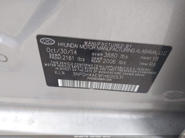 2015 Hyundai Elantra Se მანქანა იყიდება აუქციონზე, vin: 5NPDH4AE9FH605531, აუქციონის ნომერი: 45001799