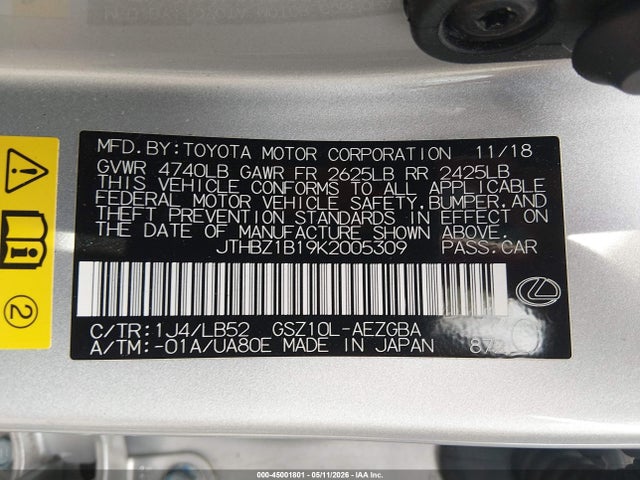 Продаж на аукціоні авто 2019 Lexus Es 350, vin: JTHBZ1B19K2005309, номер лоту: 45001801
