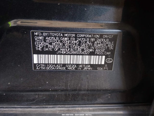 45001808 :رقم المزاد ، JTHBK262885054327 vin ، 2008 Lexus Is 250 مزاد بيع