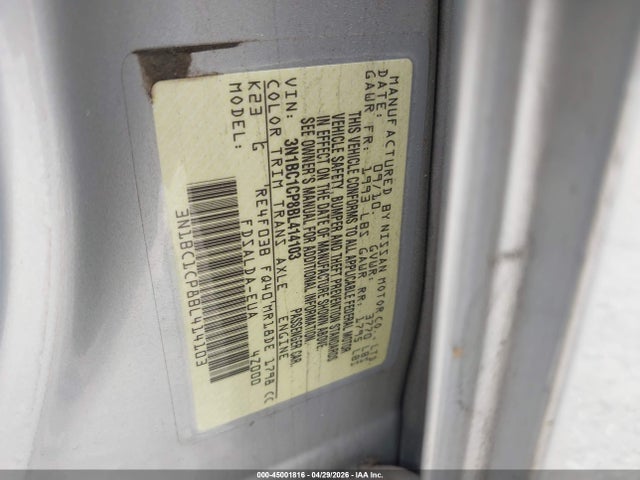 2011 Nissan Versa 1.8s მანქანა იყიდება აუქციონზე, vin: 3N1BC1CP8BL414103, აუქციონის ნომერი: 45001816