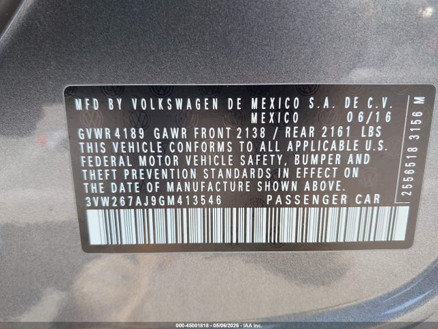 Продаж на аукціоні авто 2016 Volkswagen Jetta 1.4t S, vin: 3VW267AJ9GM413546, номер лоту: 45001818