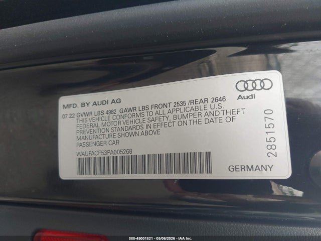 Aukcja sprzedaży 2023 Audi A5 Sportback Premium Plus 45 Tfsi S Line Quattro S Tronic, vin: WAUFACF53PA005268, numer aukcji: 45001821
