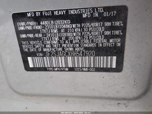 Aukcja sprzedaży 2017 Subaru Forester 2.5i Premium, vin: JF2SJAGCXHH547920, numer aukcji: 45001827