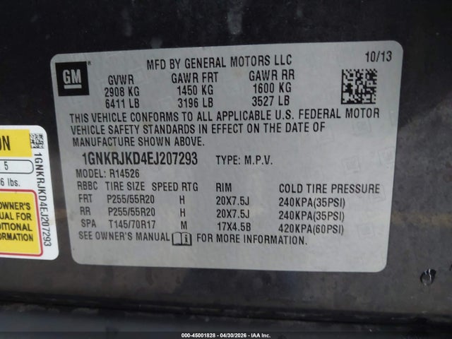 Продаж на аукціоні авто 2014 Chevrolet Traverse Ltz, vin: 1GNKRJKD4EJ207293, номер лоту: 45001828
