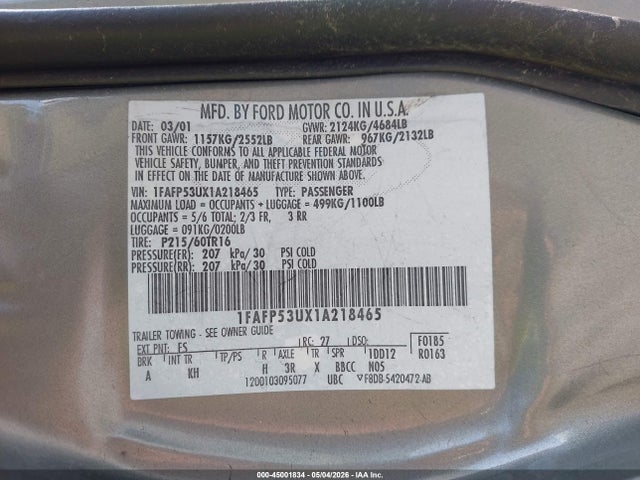 Продаж на аукціоні авто 2001 Ford Taurus Se, vin: 1FAFP53UX1A218465, номер лоту: 45001834