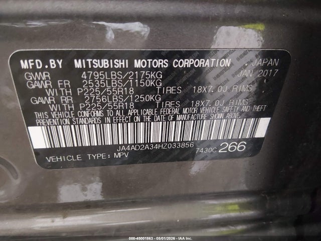 Aukcja sprzedaży 2017 Mitsubishi Outlander Es, vin: JA4AD2A34HZ033856, numer aukcji: 45001863