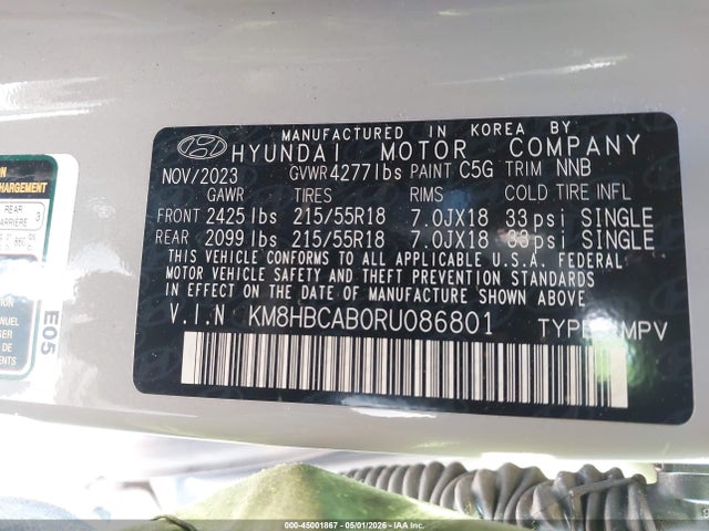 45001867 :رقم المزاد ، KM8HBCAB0RU086801 vin ، 2024 Hyundai Kona Sel مزاد بيع