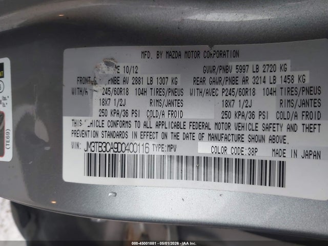 Aukcja sprzedaży 2013 Mazda Cx-9 Touring, vin: JM3TB3CA9D0400116, numer aukcji: 45001881