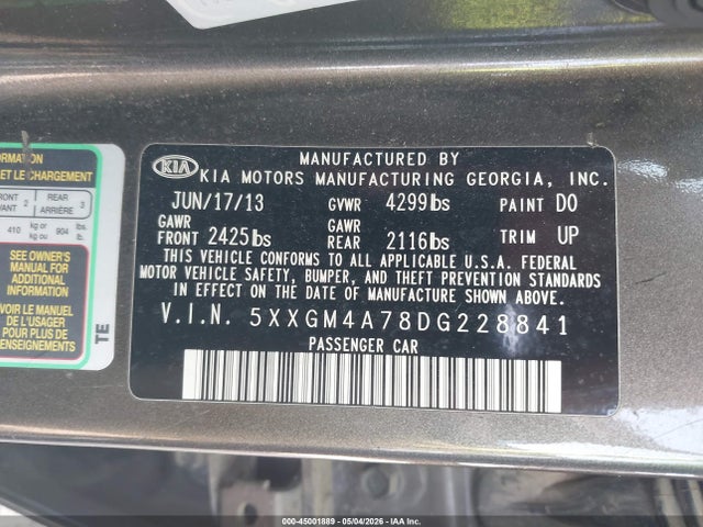 45001889 :رقم المزاد ، 5XXGM4A78DG228841 vin ، 2013 Kia Optima Lx مزاد بيع