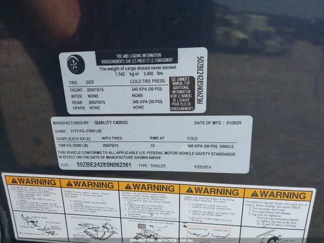 50ZBE2428SN062361 Quality 8.5x24 Enclosed Trailer