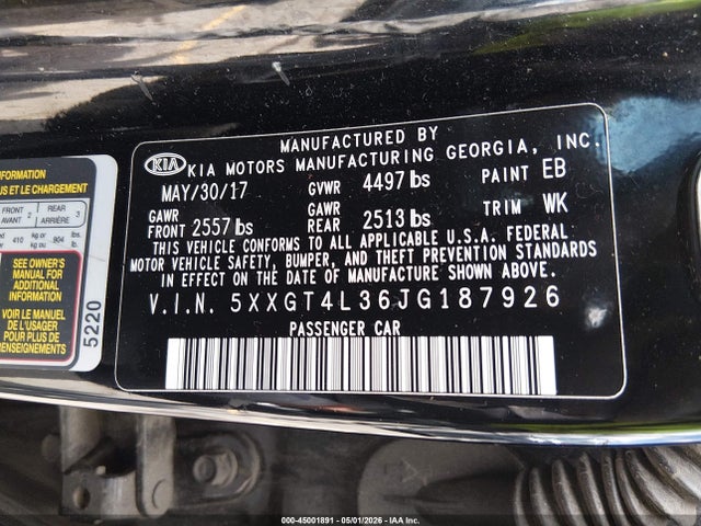 Продаж на аукціоні авто 2018 Kia Optima S, vin: 5XXGT4L36JG187926, номер лоту: 45001891