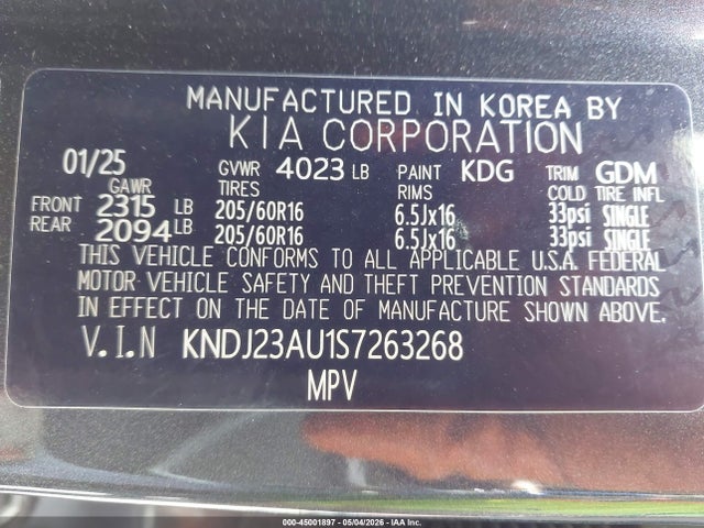 45001897 :رقم المزاد ، KNDJ23AU1S7263268 vin ، 2025 Kia Soul Lx مزاد بيع