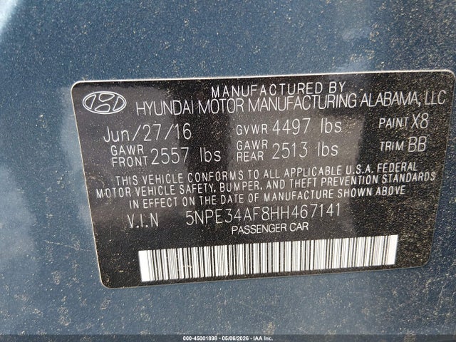 45001898 :رقم المزاد ، 5NPE34AF8HH467141 vin ، 2017 Hyundai Sonata Limited مزاد بيع