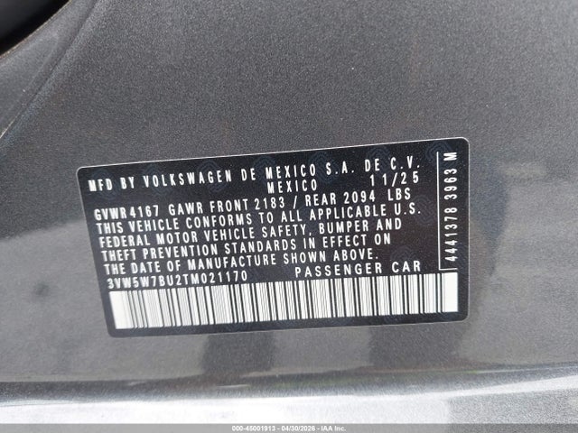 Aukcja sprzedaży 2026 Volkswagen Jetta S, vin: 3VW5W7BU2TM021170, numer aukcji: 45001913