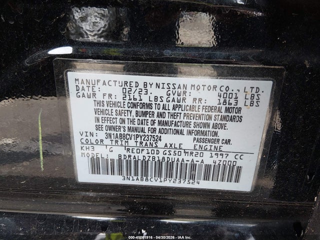 2023 Nissan Sentra Sv Xtronic Cvt მანქანა იყიდება აუქციონზე, vin: 3N1AB8CV1PY237524, აუქციონის ნომერი: 45001916
