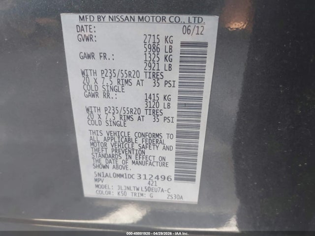 Aukcja sprzedaży 2013 Infiniti Jx35, vin: 5N1AL0MM1DC312496, numer aukcji: 45001920