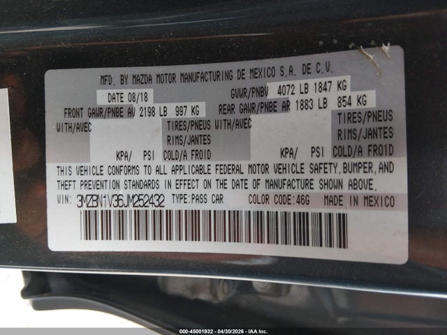 2018 Mazda Mazda3 Touring მანქანა იყიდება აუქციონზე, vin: 3MZBN1V36JM252432, აუქციონის ნომერი: 45001932