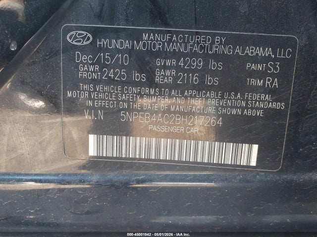 2011 Hyundai Sonata Gls მანქანა იყიდება აუქციონზე, vin: 5NPEB4AC2BH217264, აუქციონის ნომერი: 45001942