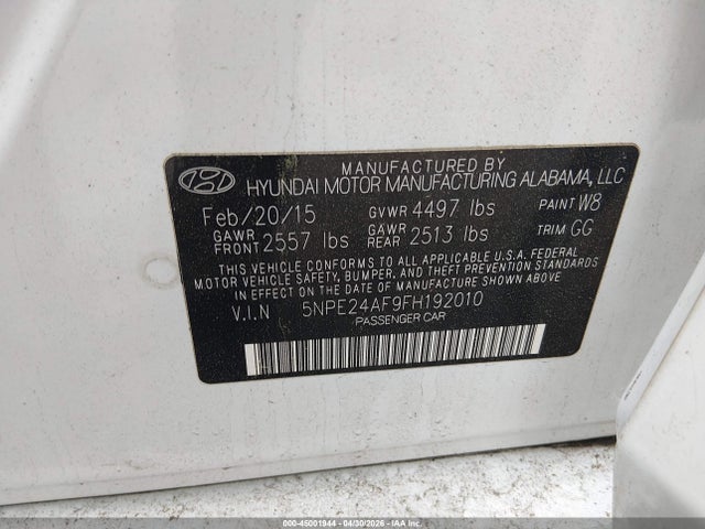 45001944 :رقم المزاد ، 5NPE24AF9FH192010 vin ، 2015 Hyundai Sonata Se مزاد بيع