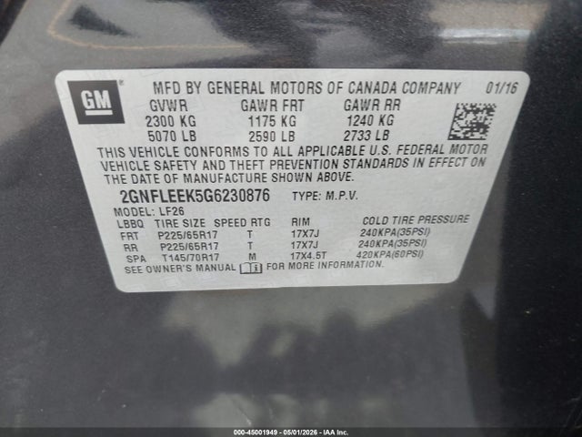 Aukcja sprzedaży 2016 Chevrolet Equinox Ls, vin: 2GNFLEEK5G6230876, numer aukcji: 45001949