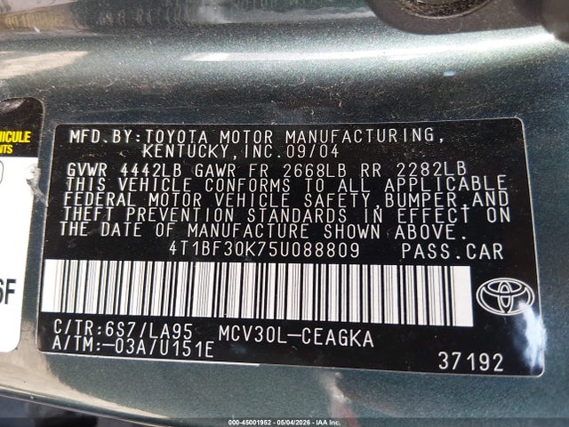 2005 Toyota Camry Xle V6 მანქანა იყიდება აუქციონზე, vin: 4T1BF30K75U088809, აუქციონის ნომერი: 45001952