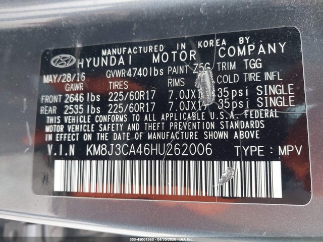 45001960 :رقم المزاد ، KM8J3CA46HU262006 vin ، 2017 Hyundai Tucson Se مزاد بيع