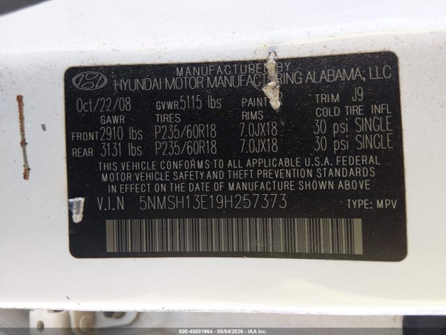 45001964 :رقم المزاد ، 5NMSH13E19H257373 vin ، 2009 Hyundai Santa Fe Limited مزاد بيع