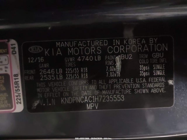 45001966 :رقم المزاد ، KNDPNCAC1H7235553 vin ، 2017 Kia Sportage Ex مزاد بيع