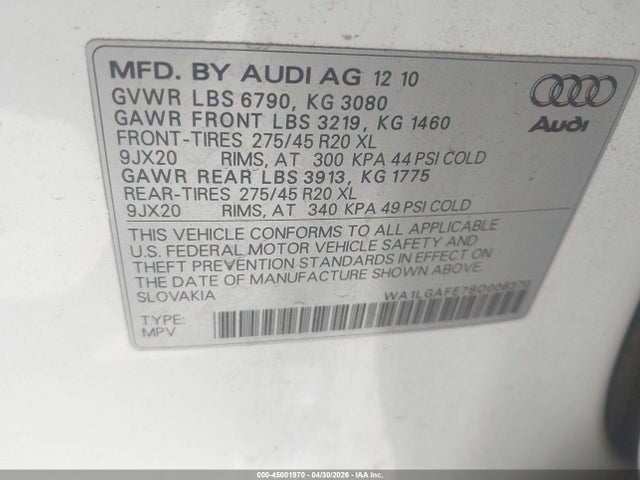Aukcja sprzedaży 2011 Audi Q7 3.0t Premium, vin: WA1LGAFE7BD006370, numer aukcji: 45001970