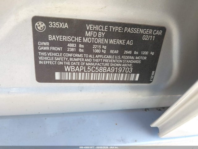 Продаж на аукціоні авто 2011 Bmw 335i Xdrive, vin: WBAPL5C58BA919703, номер лоту: 45001977