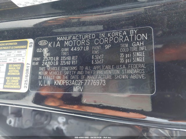 2015 Kia Sportage Lx მანქანა იყიდება აუქციონზე, vin: KNDPB3AC2F7776973, აუქციონის ნომერი: 45001980