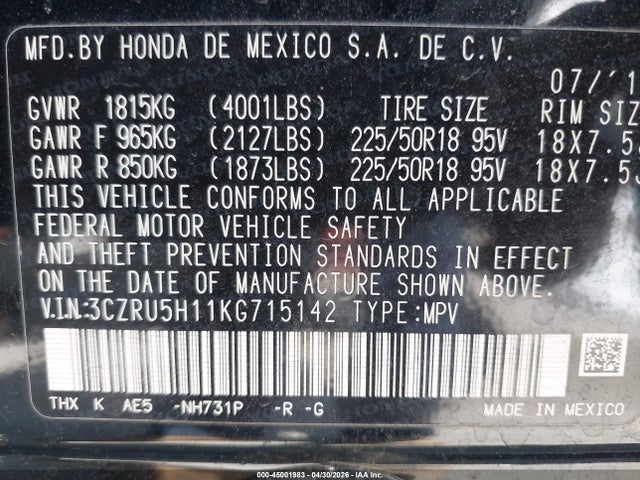 Продаж на аукціоні авто 2019 Honda Hr-v Sport, vin: 3CZRU5H11KG715142, номер лоту: 45001983