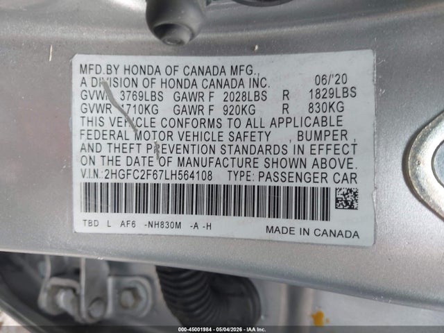 Aukcja sprzedaży 2020 Honda Civic Lx, vin: 2HGFC2F67LH564108, numer aukcji: 45001984