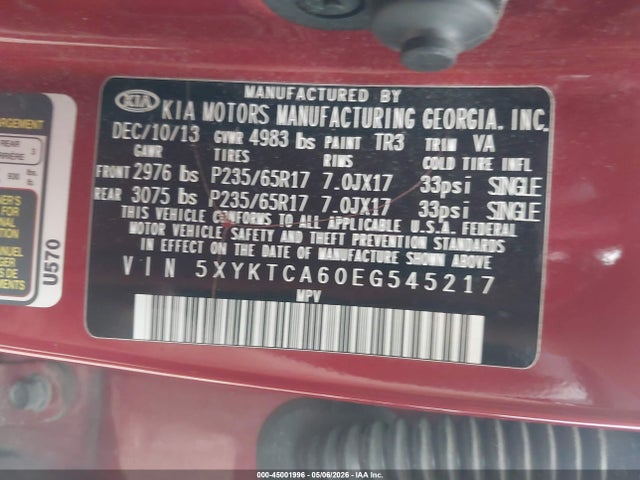 Aukcja sprzedaży 2014 Kia Sorento Lx, vin: 5XYKTCA60EG545217, numer aukcji: 45001996